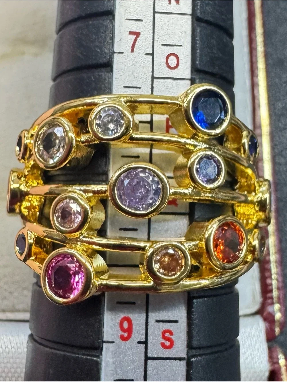 Gold Plated Multi-Row Ring with Blue, Pink, Purple, Orange & Clear Stones